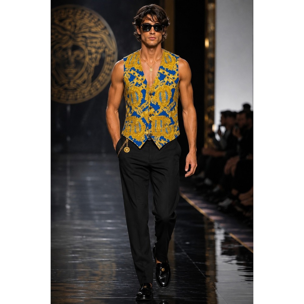 Vintage V2 By Versace Vest Baroque Gold Blue Made Italy 90s Medusa Waistcoat 58